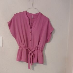 Pink Cap Sleeve Blouse with Tie Front and Mandarin Collar